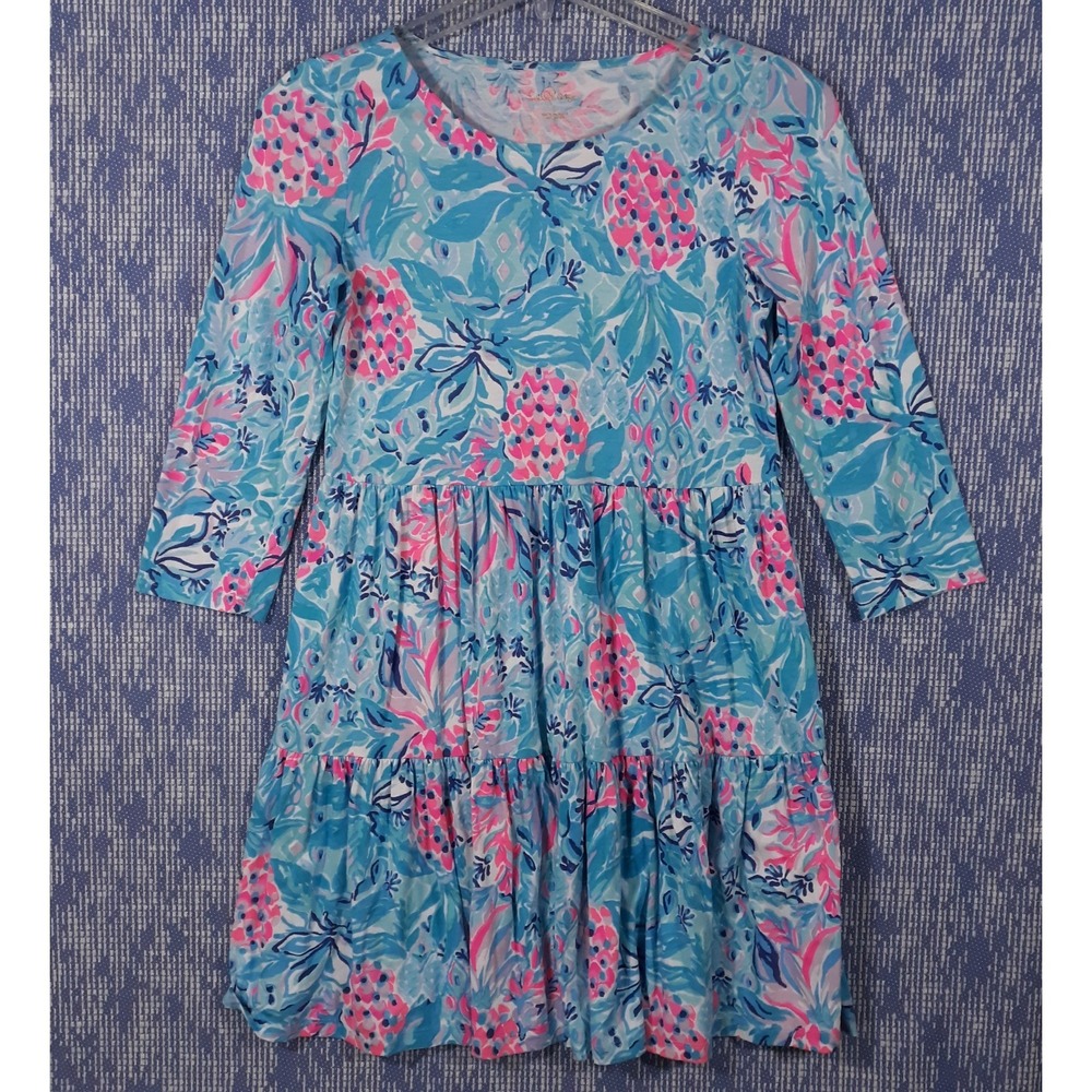 Lilly Pulitzer Floral Dress Womens Small Blue Pink Pleated‎ 3/4 Sleeve